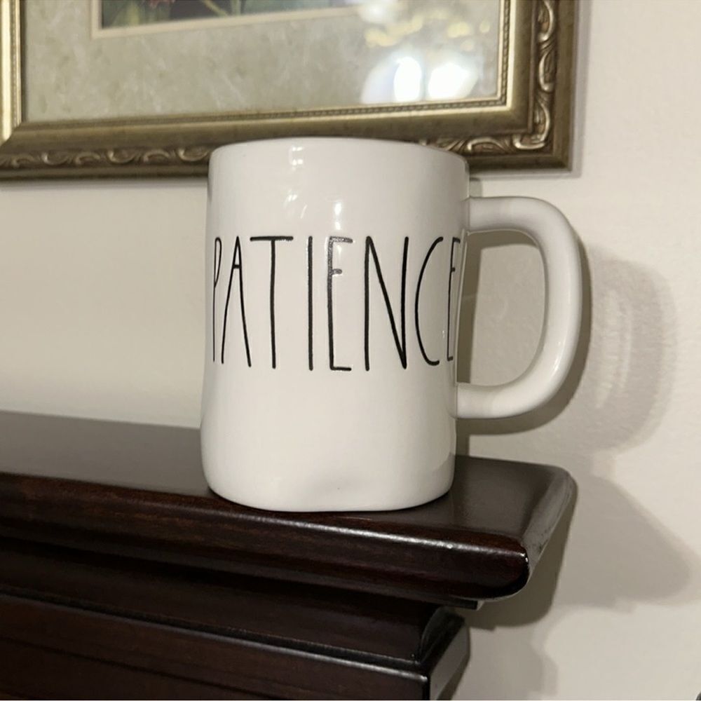 RAE DUNN. PATIENCE WHITE BLACK COFFE TEA HOT CHOCOLATE MUG